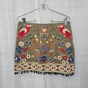 Island Girl Olive Green Red Embroidered Bird Print Mini Skirt Boho M